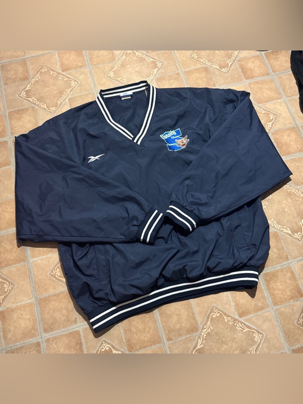 Vintage Reebok V-Neck Windbreaker Pullover - Navy / White - Men's XL